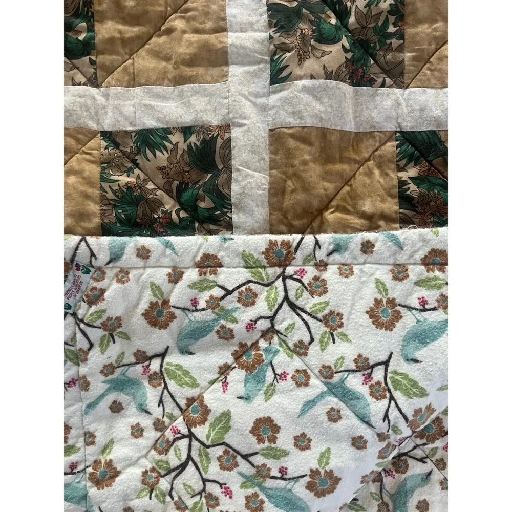 Handmade Reversible Patchwork Quilt Tropical Bird Floral Brown Pink 48